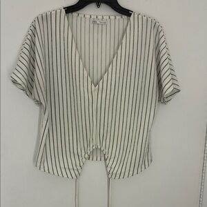 Zara Navy and White Striped V-Neck Blouse - Medium